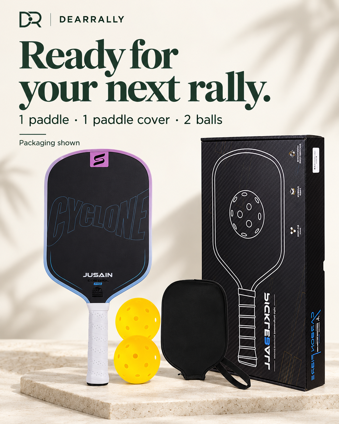 Paddle set contents — one paddle, one cover and two balls