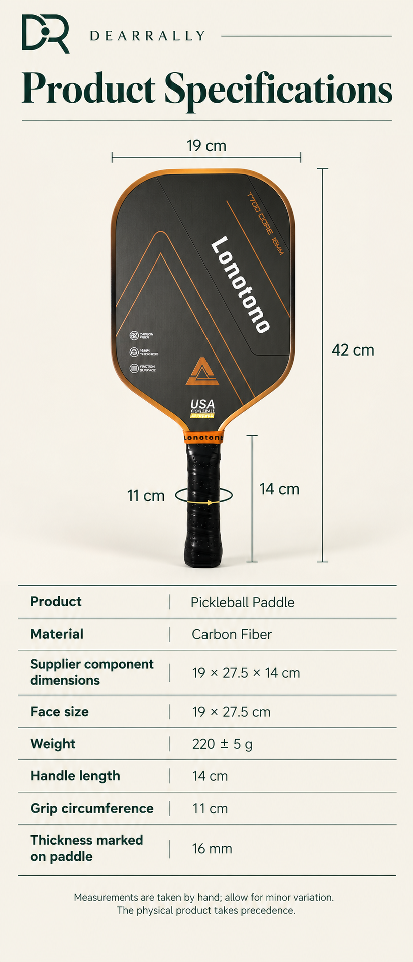 Dearrally T700 carbon fiber pickleball paddle - specifications