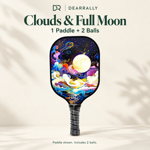 Dearrally fiberglass pickleball paddle - Clouds & Full Moon - 1 paddle and 2 balls
