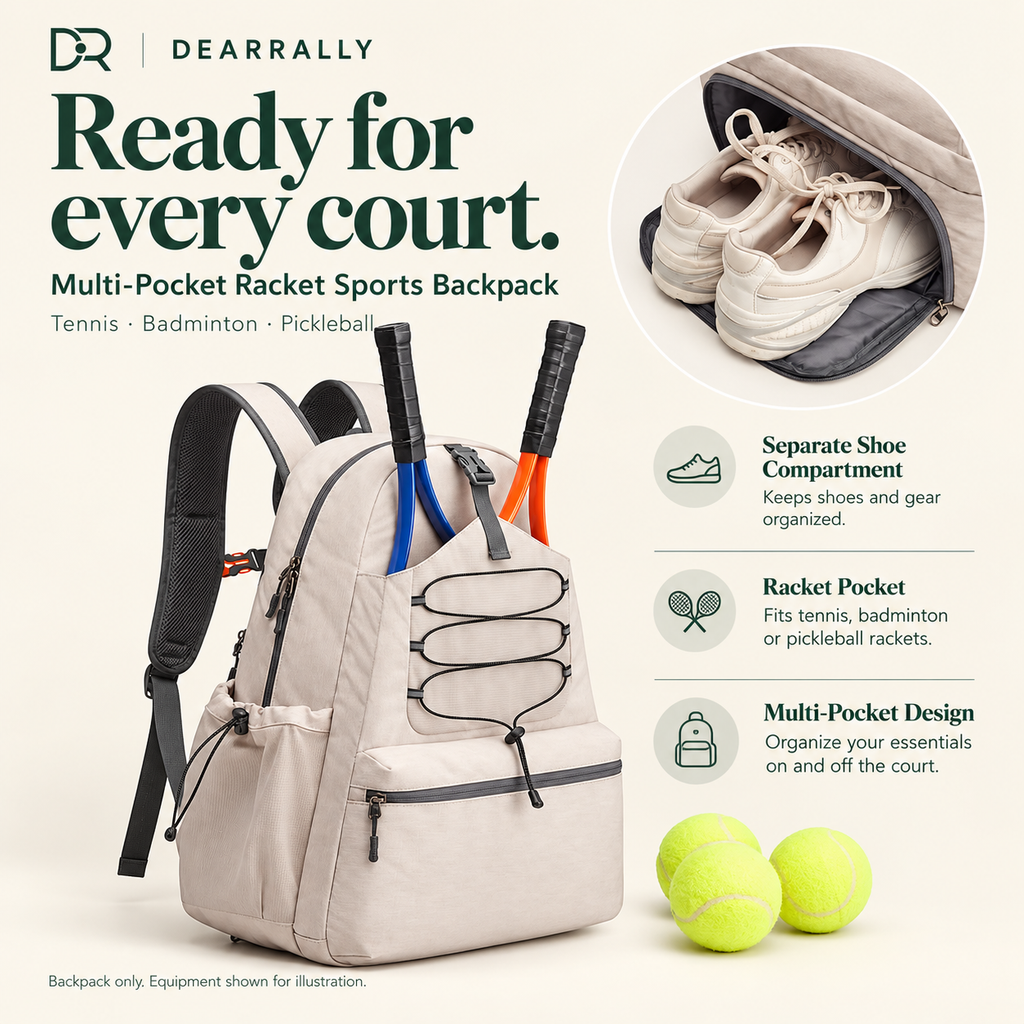 Beige multi-pocket racket sports backpack for tennis, badminton and pickleball