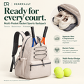 Beige multi-pocket racket sports backpack for tennis, badminton and pickleball