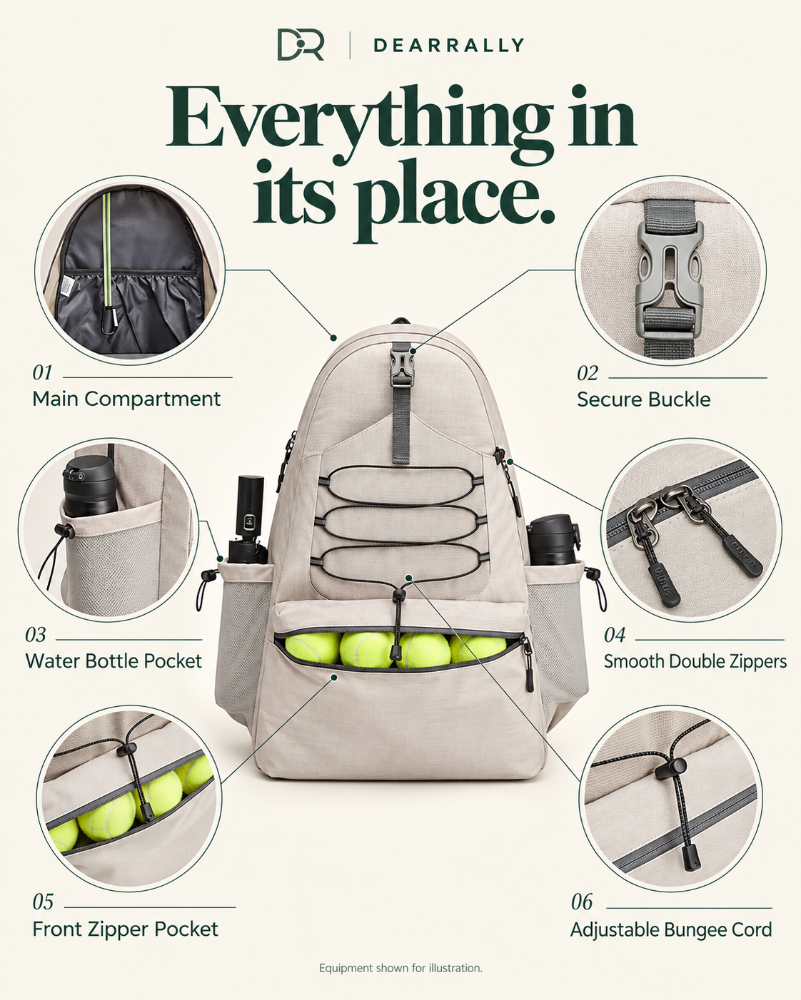Backpack main compartment, buckle, bottle pocket, zippers, front pocket and bungee cord