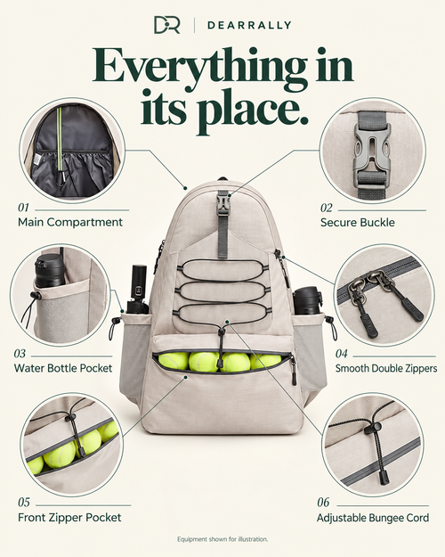 Backpack main compartment, buckle, bottle pocket, zippers, front pocket and bungee cord