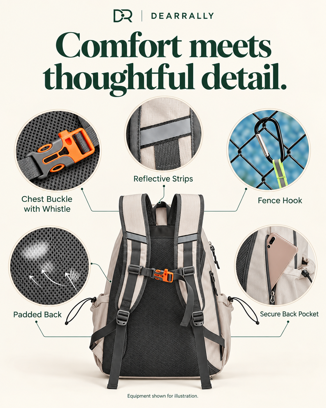 Padded backpack back with whistle chest buckle, reflective strips, fence hook and secure pocket